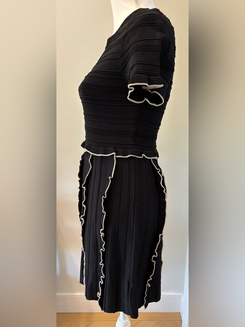 Parker Lenny Black Knit Dress with Contrast Ruffle Trim, Size S - Picture 3 of 7